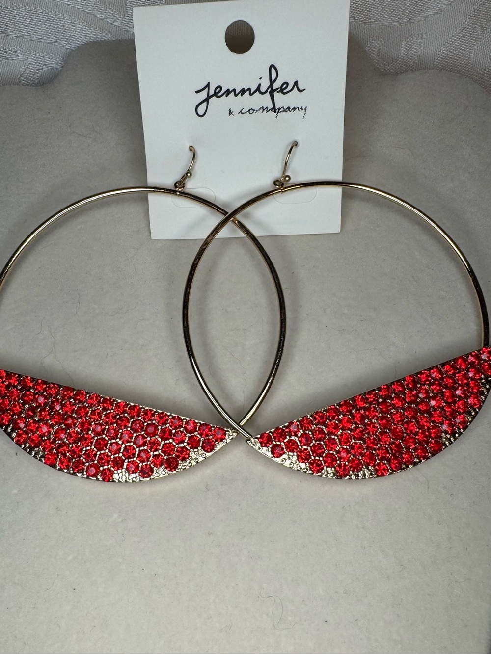 New Jennifer & Co Gold tone with red Crystal Hoop Earrings